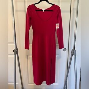 LEITH Womens Scoop Neck Long Sleeve Front Slit Midi Dress Red Beetroot Small NWT
